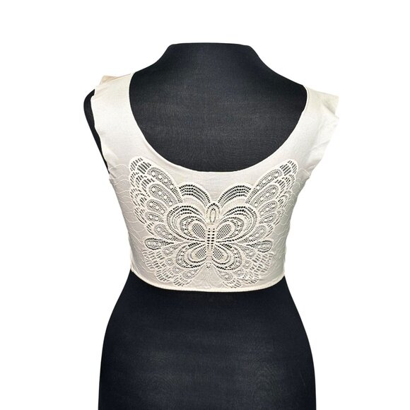 Women’s Seamless Lace Back Beige Crop Tank Top 2XL Stretchy Butterfly Pattern - Picture 2 of 6